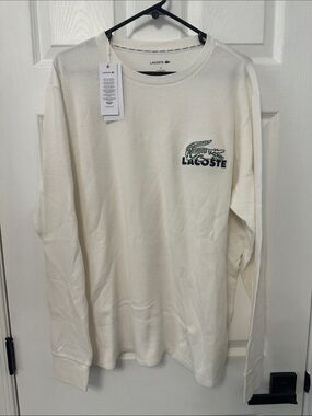 Lacoste Cream Long Sleeve Sleepwear Crewneck with Green Crocodile Logo